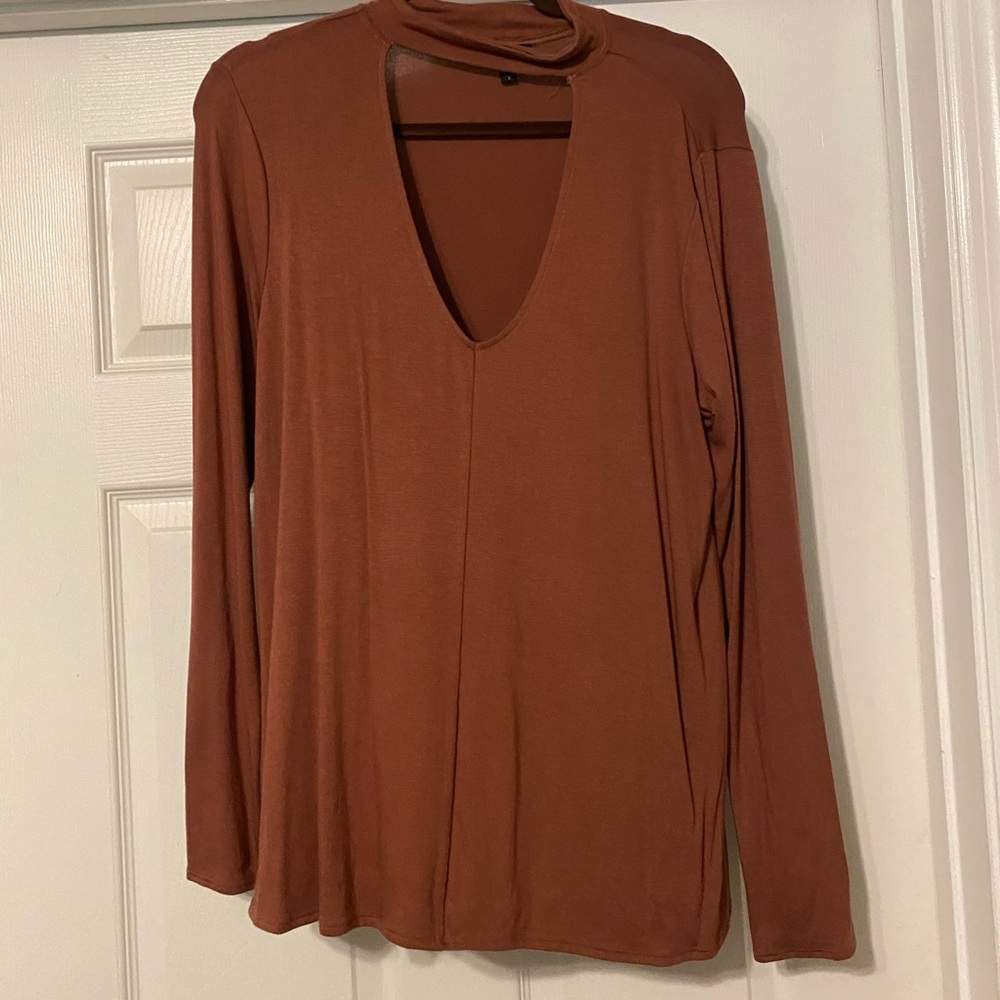 Express Burnt Orange Flowy Deep V Blouse